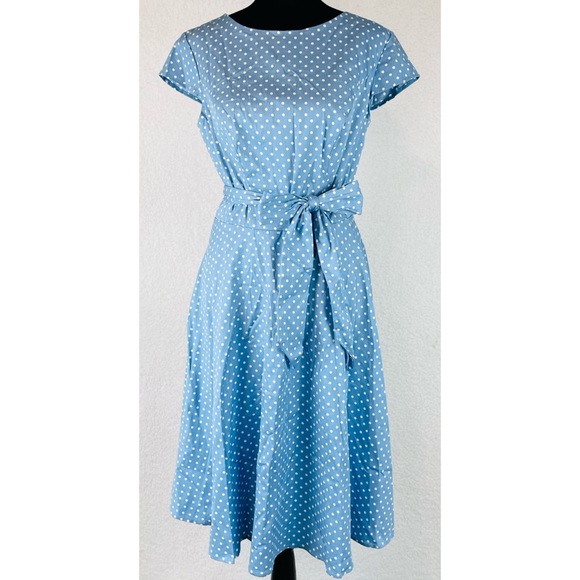 (NWOT) DRESSYSTAR • Sky Blue/White Polka Dot Vintage-Inspired Cap Sleeve Dress - Picture 5 of 16
